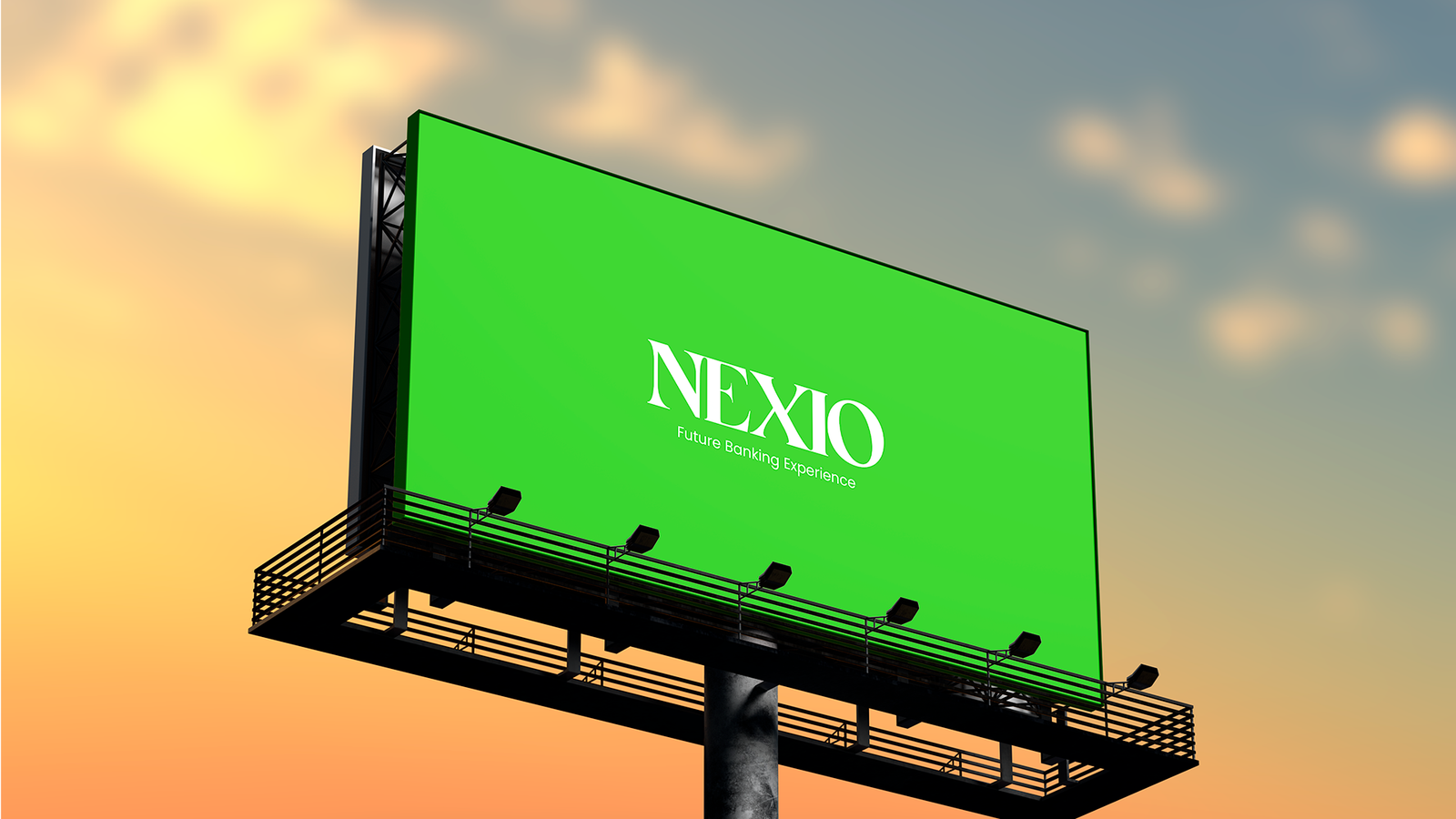 Case Nexio: outdoor verde com a marca Nexio e o slogan “Future Banking Experience”